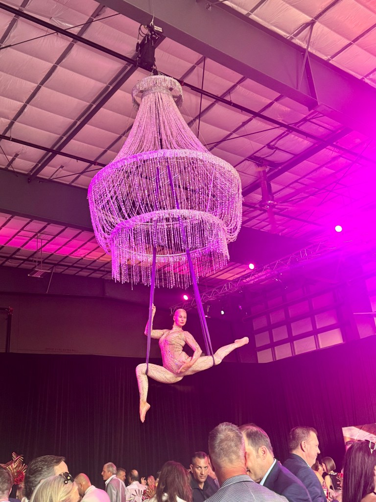 Luxury chandelier aerialist performing above guests at an elegant corporate event